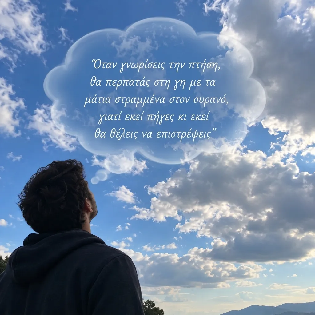 Νέος κοιτάζει τον ουρανό. Σε ένα σύννεφο γράφει: «Όταν γνωρίσεις την πτήση, θα περπατάς στη γη με τα μάτια στραμμένα στον ουρανό, γιατί εκεί πήγες κι εκεί θα θέλεις να επιστρέψεις»